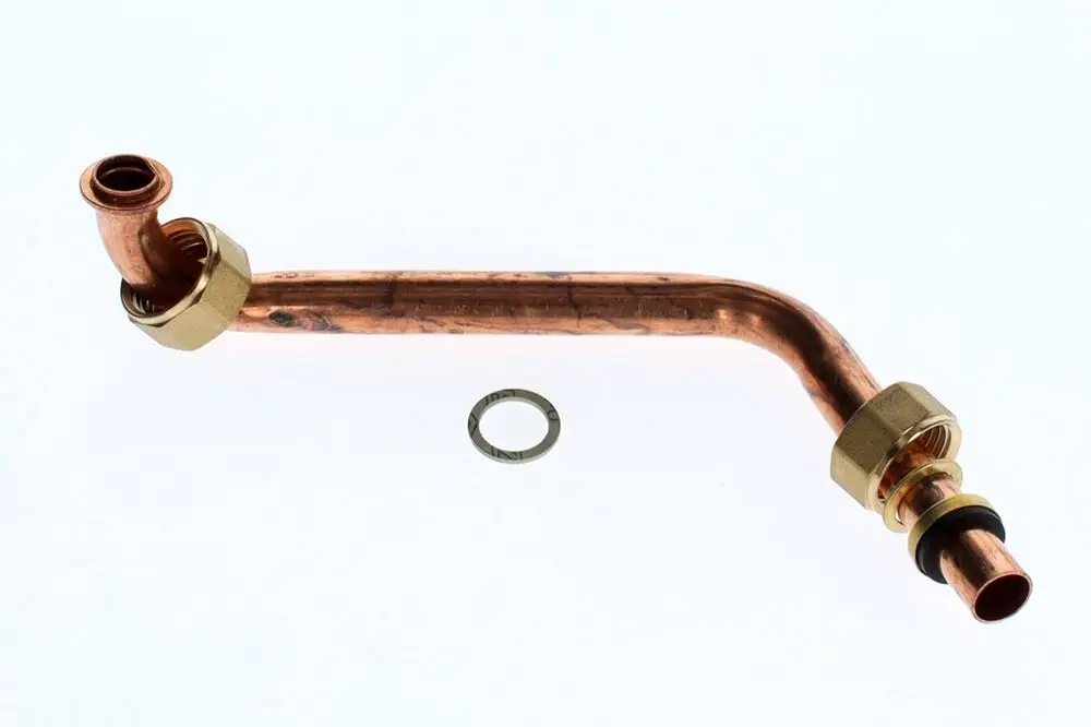 Verbindungsrohr aus Kupfer mit einer gebogenen Form und Befestigungselementen. Das Produkt stammt von Bosch und ist für Rohrverbindungen in Heizungs- oder Klimaanlagen vorgesehen.